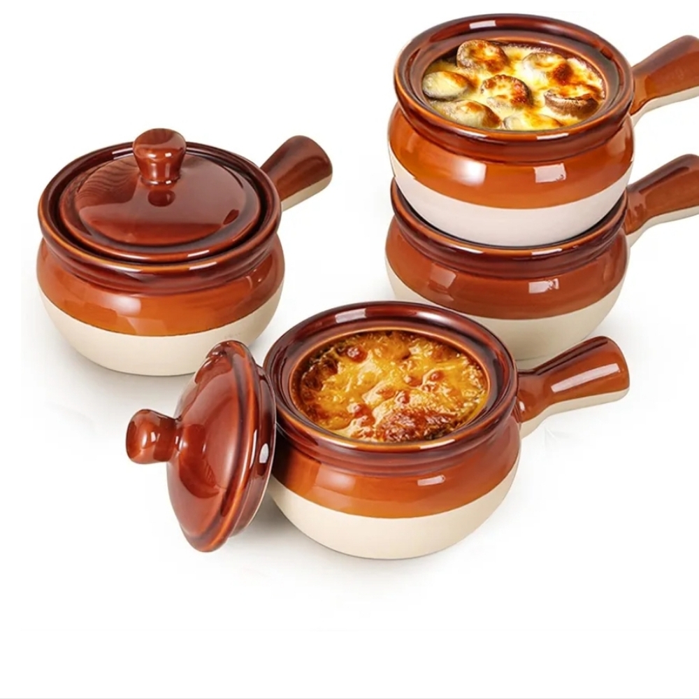 SOLD Brown Ceramic Soup Bowls with Lids and Handles - Set of 4